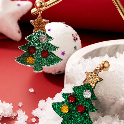 Fashion Christmas Tree Resin Inlay Diamond Drop Earrings 1 Pair