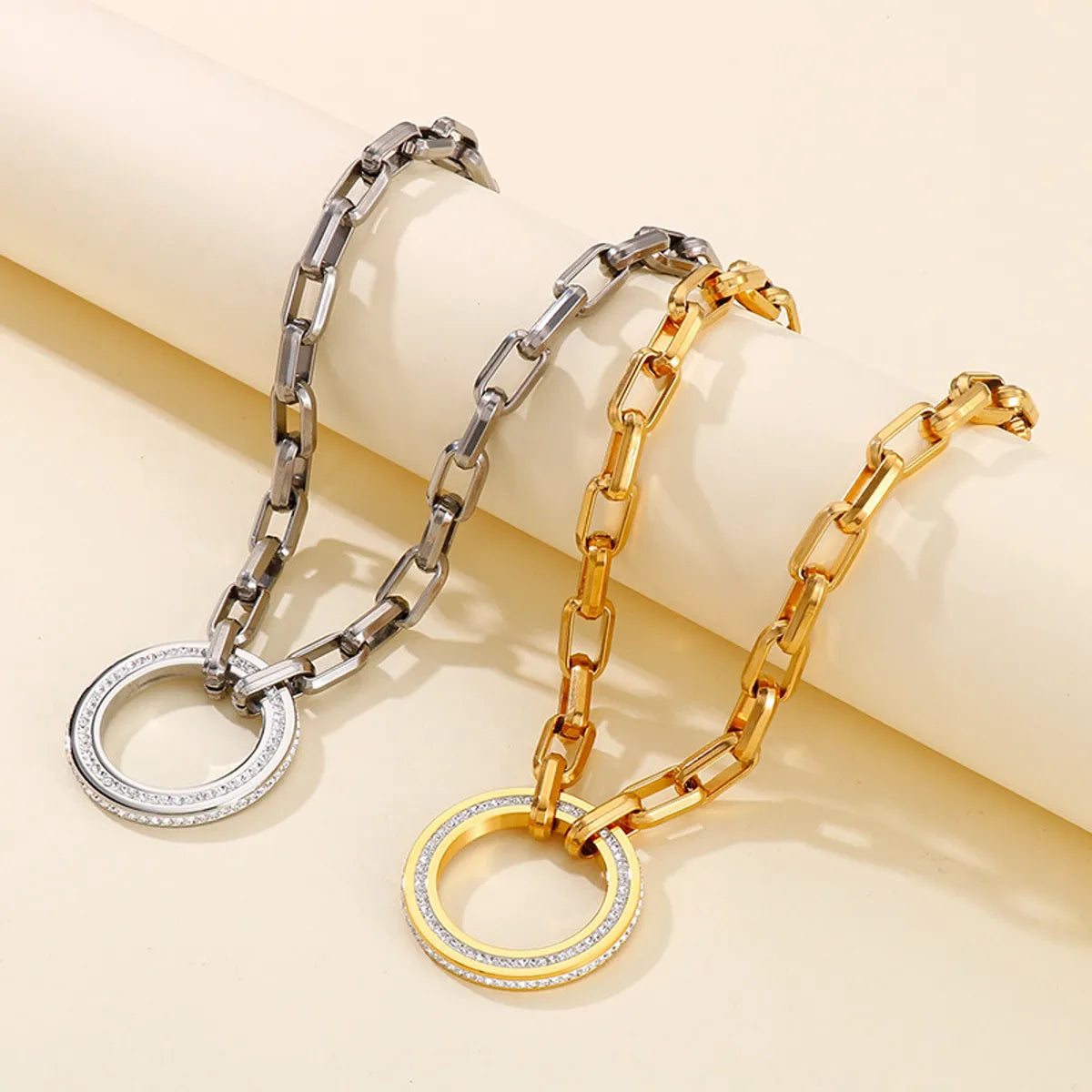 Fashion Circle Stainless Steel Artificial Rhinestones Bracelets Necklace 2 Pieces