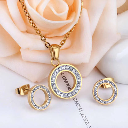 Wholesale Fashion Circle Stainless Steel Plating Zircon Earrings Necklace