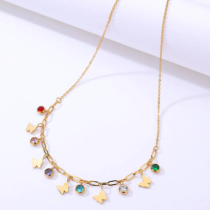 Fashion Classic Style Butterfly Electroplated 18k Color Zircon Stainless Steel Necklace