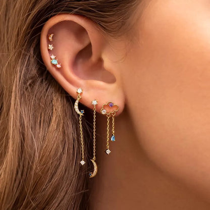 Fashion Clouds Pentagram Moon Copper Zircon Drop Earrings Ear Studs In Bulk