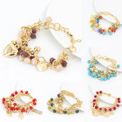 Fashion Color Block Leaves Heart Shape Artificial Crystal Alloy Gem Wholesale Bracelets