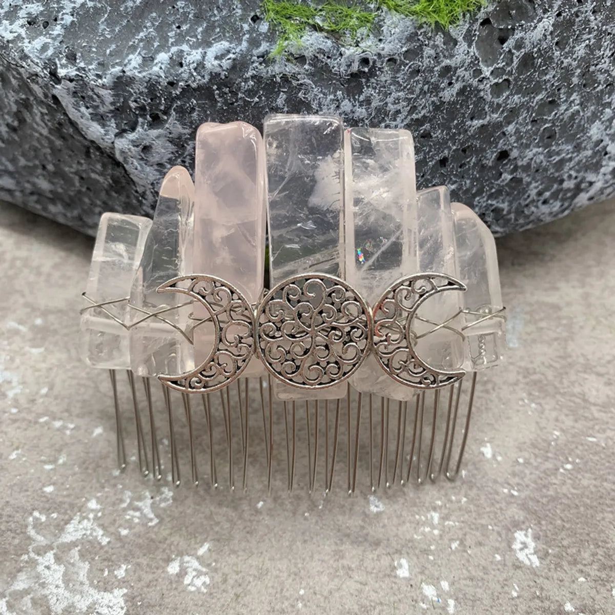 Fashion Color Block Moon Crown Natural Crystal Insert Comb 1 Piece