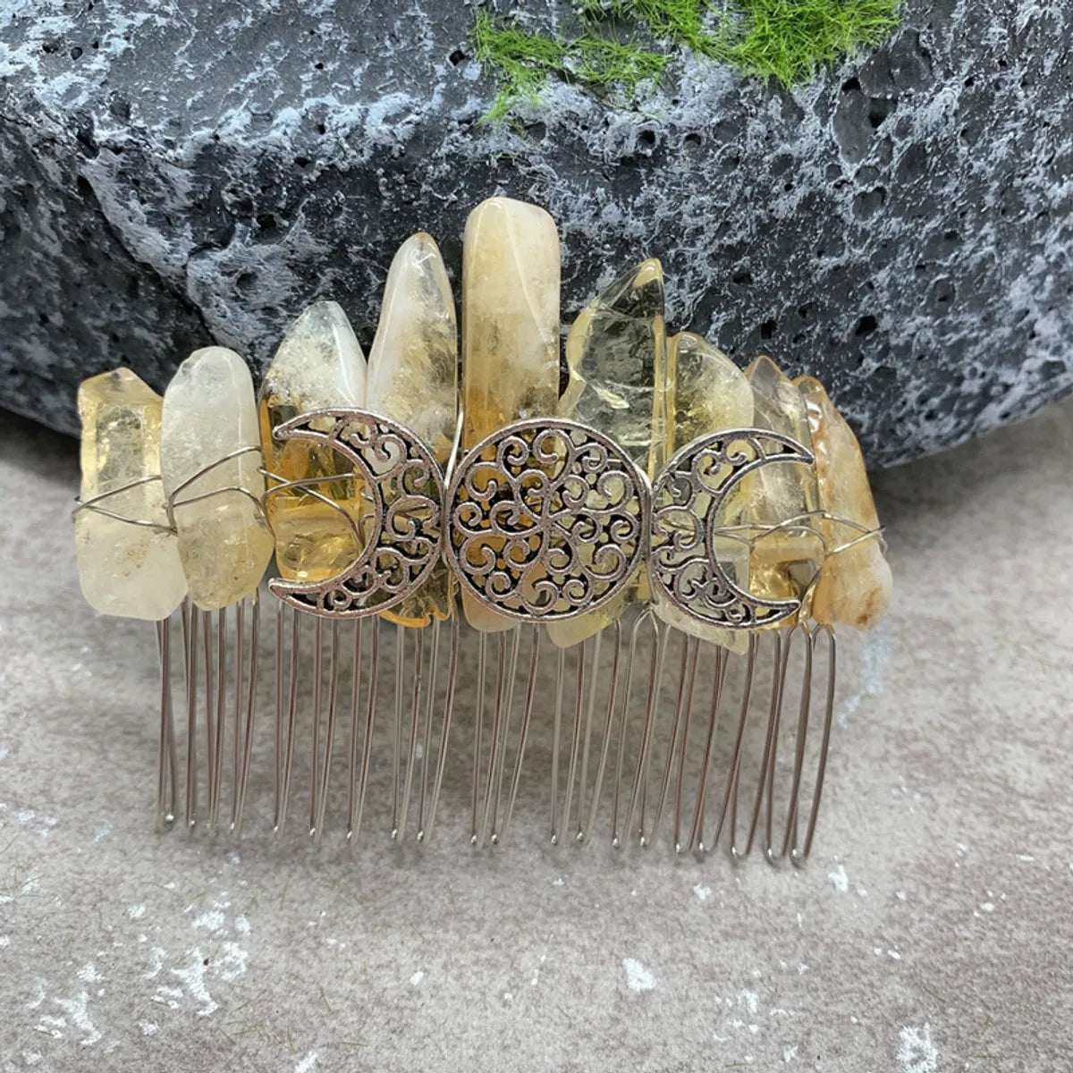 Fashion Color Block Moon Crown Natural Crystal Insert Comb 1 Piece