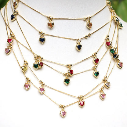 Fashion Color Zirconium Heart-shaped Pendant Copper Necklace