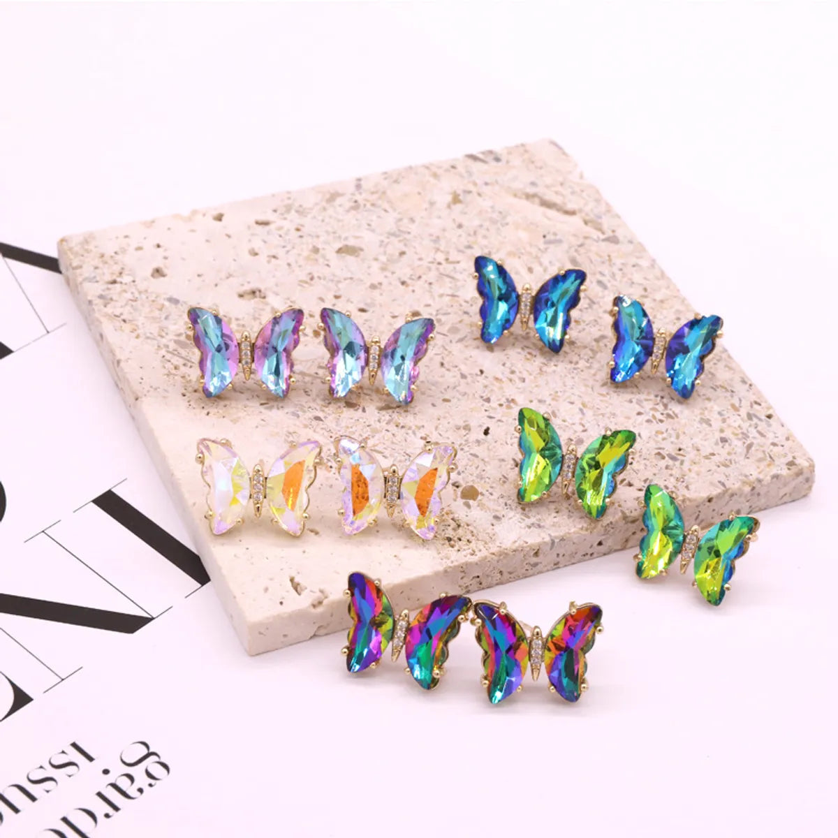 Fashion Colorful Crystal Fairy Butterfly Copper Stud Earrings