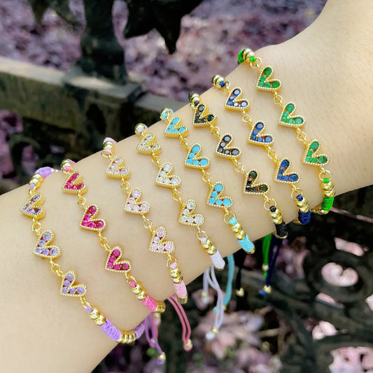 Fashion Colorful Heart-shaped Inlay Zircon Braided Copper Bracelet