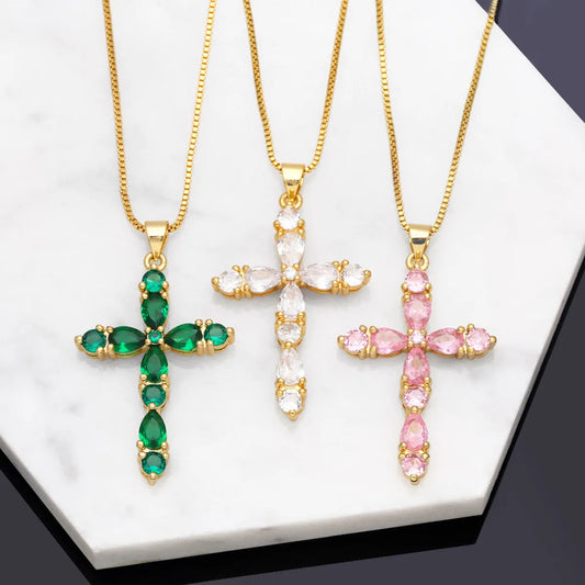 Fashion Colorful Zircon Cross Hip Hop Diamond Copper Necklace