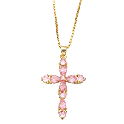 Fashion Colorful Zircon Cross Hip Hop Diamond Copper Necklace