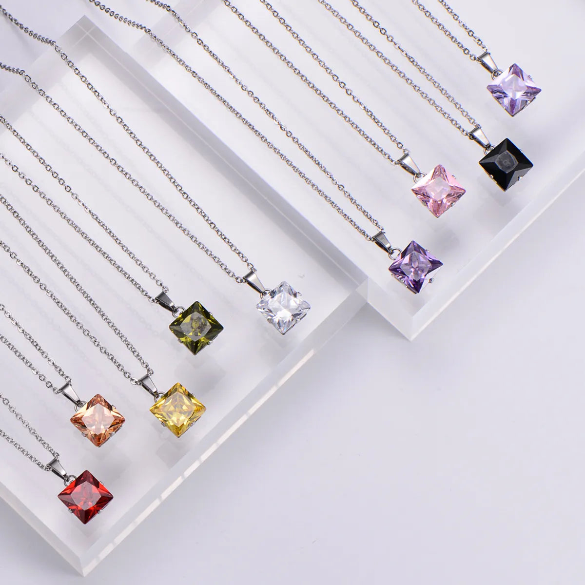 Fashion Colorful Zircon Square Pendant Earrings Necklace Set