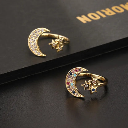 Fashion Constellation Star Moon Copper Plating Zircon Open Ring 1 Piece