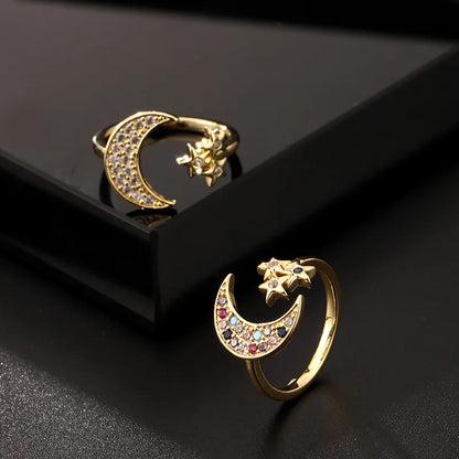 Fashion Constellation Star Moon Copper Plating Zircon Open Ring 1 Piece