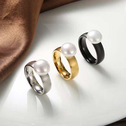 Fashion Contrast Color Geometric Shell Pearl Stainless Steel Ring Wholesale Gooddiy