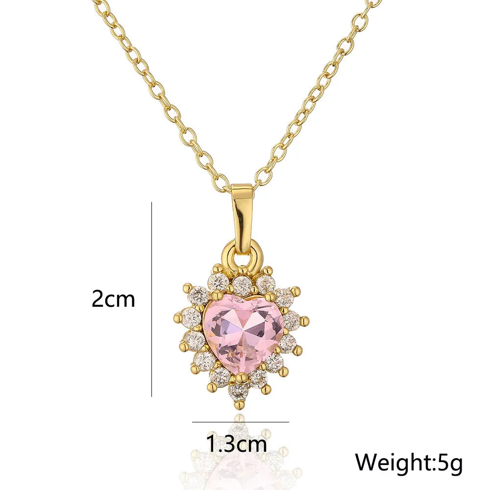 Fashion Copper 18k Gold Micro Inlaid Zircon Heart Geometric Pendant Necklace