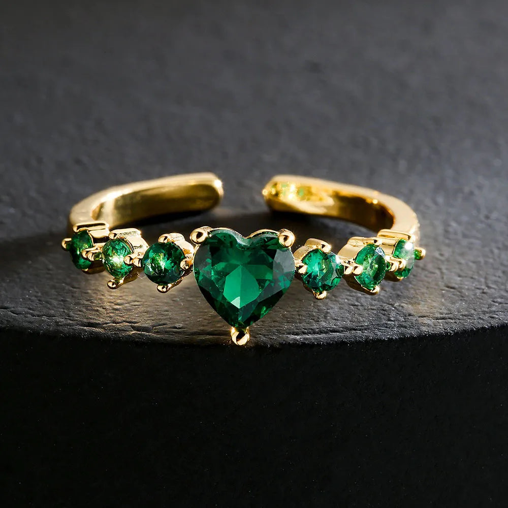 Fashion Copper 18k Gold Micro-Set Zircon Crown Heart Emerald Geometric Open Ring