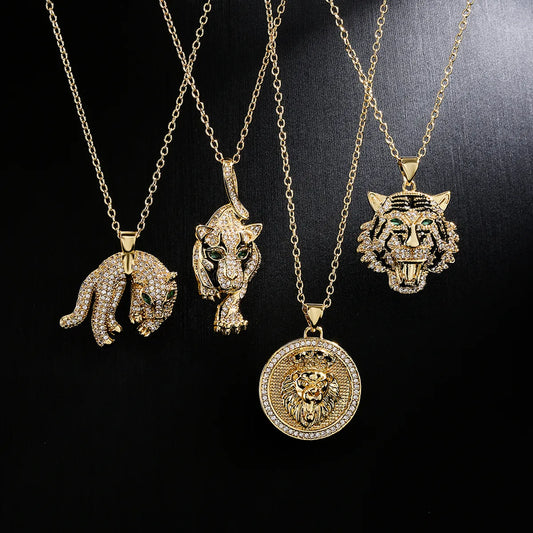 Fashion Copper 18k Gold Plating Zircon Animal Necklace Tiger Leopard Lion Pendant