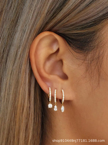 Fashion Copper Gold Plated Crescent Round Geometric Zircon Earrings