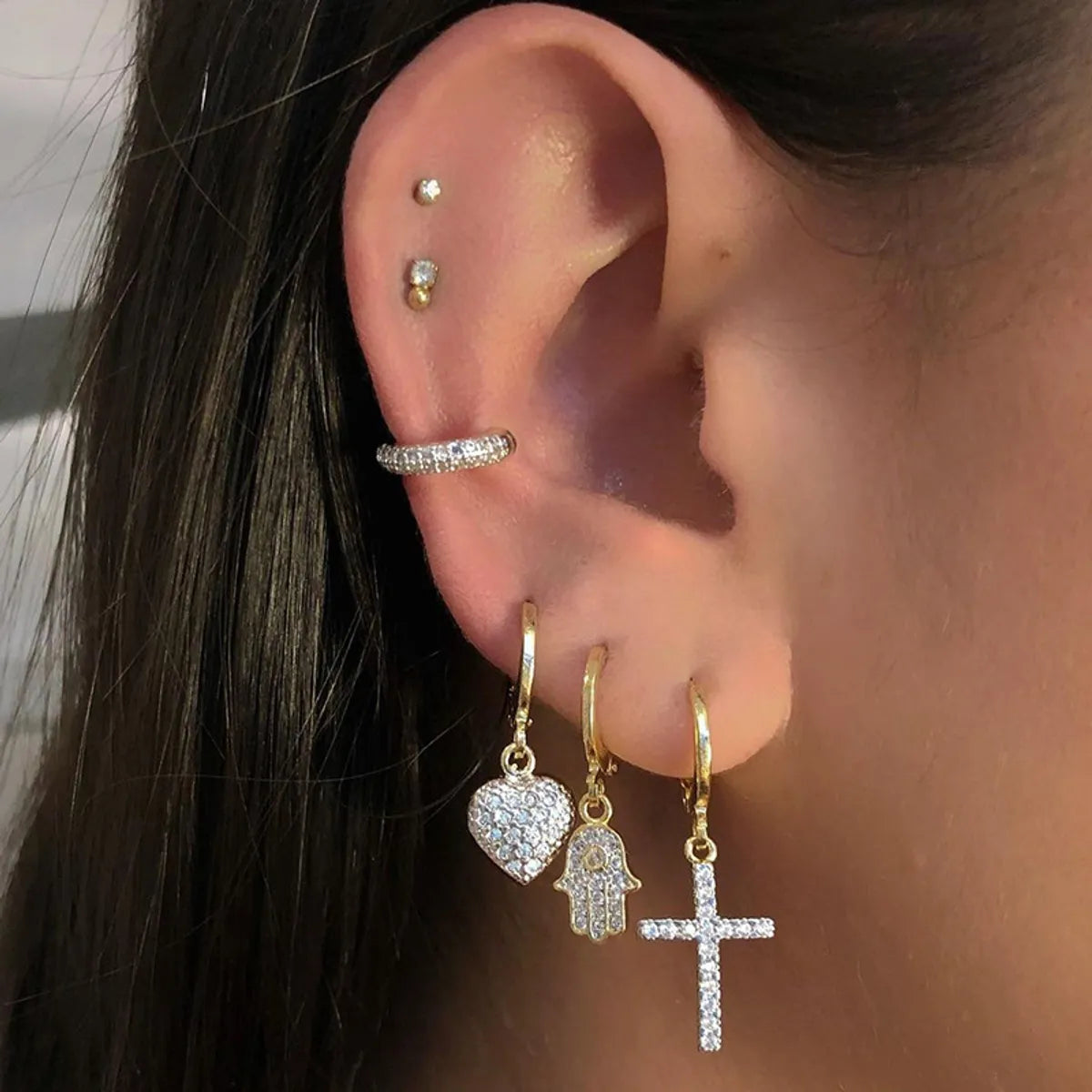 Fashion Copper Gold-plated Inlaid Zircon Heart Cross Palm Pendant Earrings