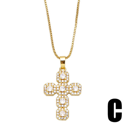 Fashion Copper Inlaid Colored Zircon Cross Pendant Necklace Jewelry