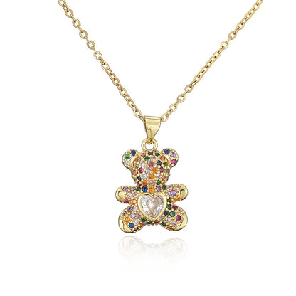 Fashion Copper Micro-Inlaid Color Zirconium Turquoise Heart Bear Pendant Necklace