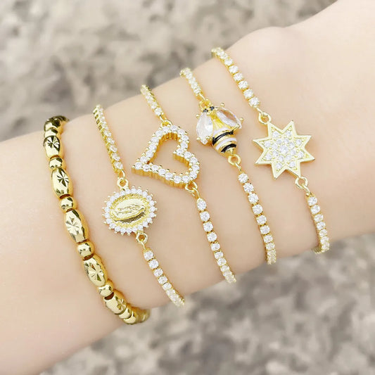 Fashion Copper Micro-inlaid Zircon Chain Heart Eight-pointed Star Pull Bracelet Female