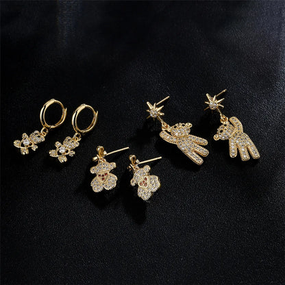 Fashion Copper Micro-inlaid Zircon Plated 18k Gold Animal Bear Earrings Wholesale