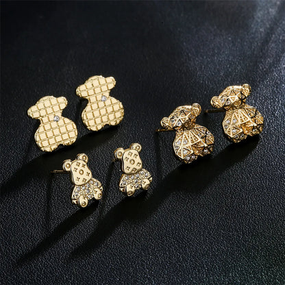 Fashion Copper Micro-inlaid Zircon Plated 18k Gold Animal Bear Earrings Wholesale