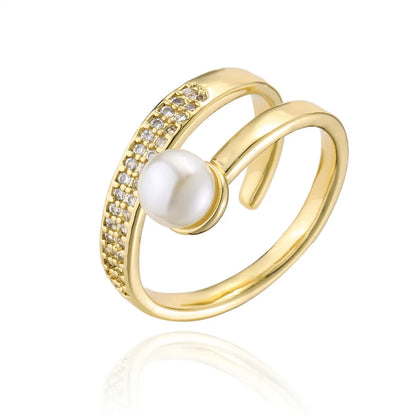 Fashion Copper Micro-set Zircon Plated 18k Gold Pearl Geometric Open Ring