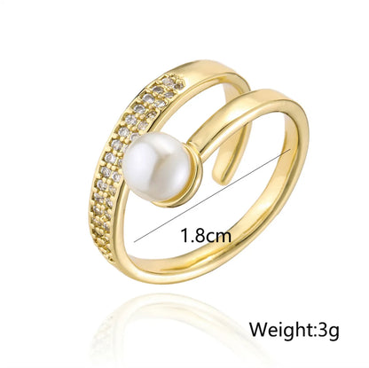 Fashion Copper Micro-set Zircon Plated 18k Gold Pearl Geometric Open Ring