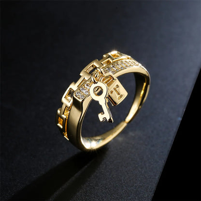 Fashion Copper Plated 18k Gold Chain Key Lock Geometric Open Ring Female