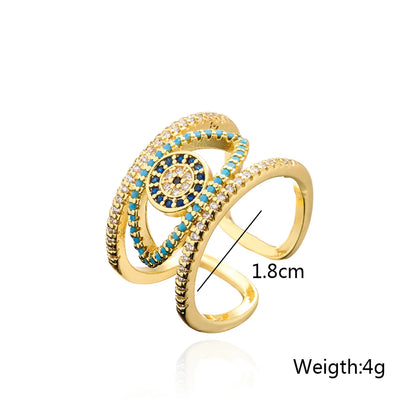 Fashion Copper Plated Real Gold Micro Inlaid Zircon Hollow Devil Eye Open Ring