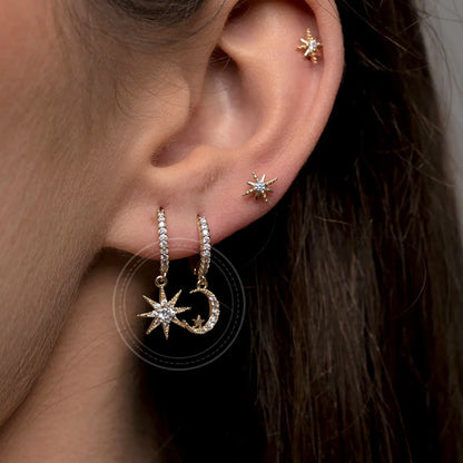 Fashion Copper S925 Silver Needle Zircon Star Moon Ear Asymmetric Hoop Earrings