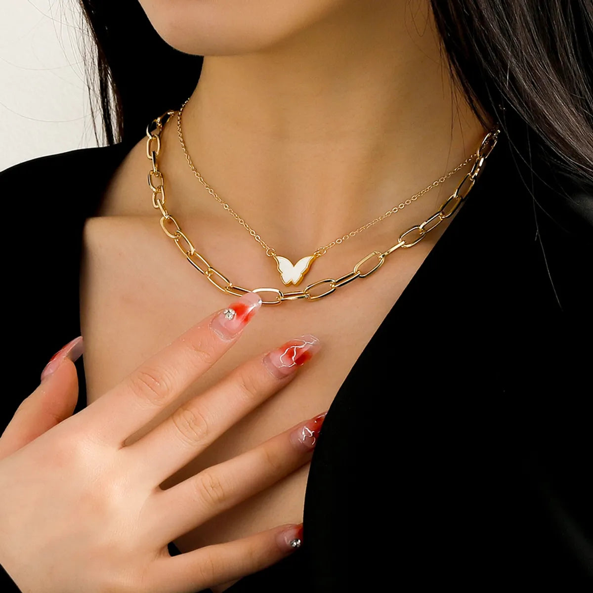 Fashion Creative Gold Plated White Butterfly Pendant Double-layer Chain Necklace