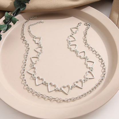 Fashion Creative Heart Pendant Hollow Out Double-Layer Necklace Women