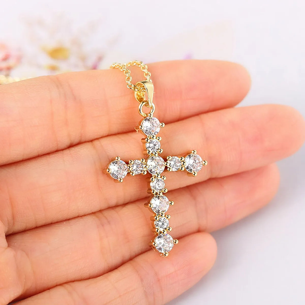 Fashion Cross Copper Inlay Zircon Pendant Necklace 1 Piece