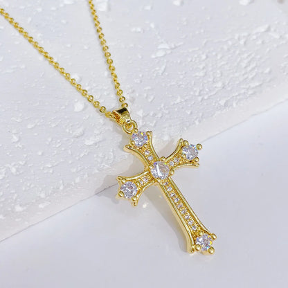 Fashion Cross Copper Inlay Zircon Pendant Necklace 1 Piece