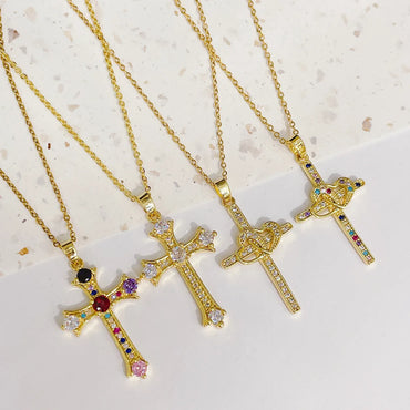 Fashion Cross Copper Inlay Zircon Pendant Necklace 1 Piece