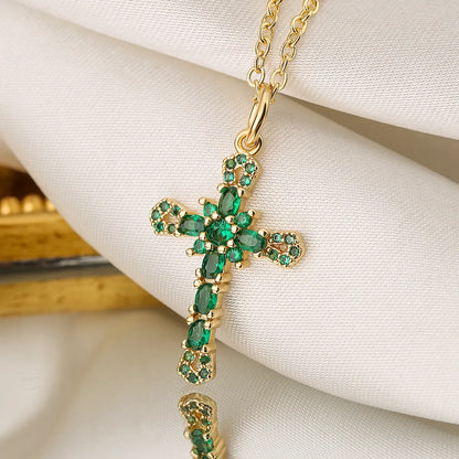 Fashion Cross Copper Inlay Zircon Pendant Necklace 1 Piece