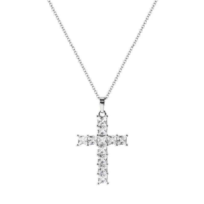 Fashion Cross Copper Inlay Zircon Pendant Necklace