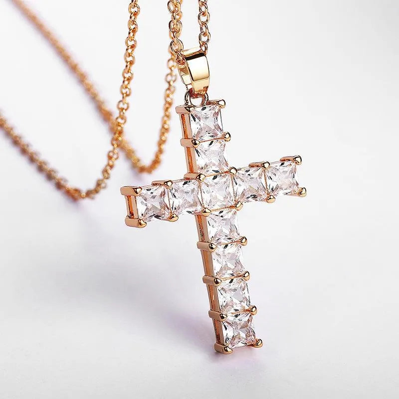 Fashion Cross Copper Inlay Zircon Pendant Necklace