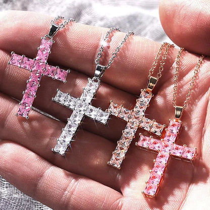 Fashion Cross Copper Inlay Zircon Pendant Necklace