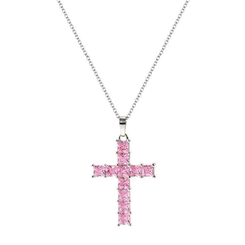 Fashion Cross Copper Inlay Zircon Pendant Necklace