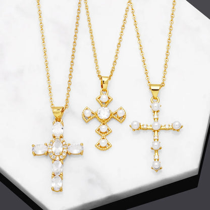 Fashion Cross Copper Plating Artificial Pearls Zircon Pendant Necklace 1 Piece