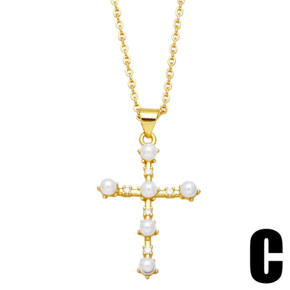 Fashion Cross Copper Plating Artificial Pearls Zircon Pendant Necklace 1 Piece