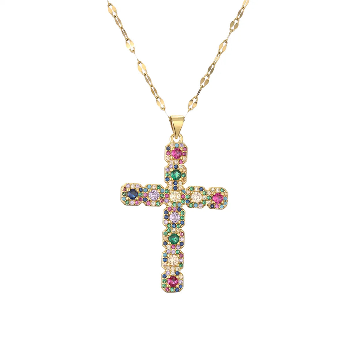 Fashion Cross Copper Plating Inlay Zircon Gold Plated Pendant Necklace