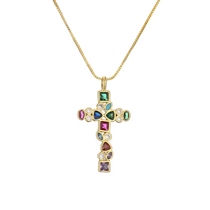 Fashion Cross Copper Plating Inlay Zircon Gold Plated Pendant Necklace