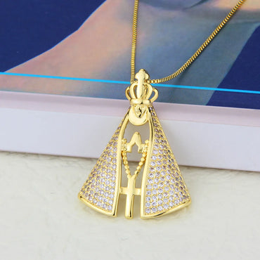 Fashion Cross Crown Shape Virgin Maria Pendant Inlaid Zircon Copper Necklace Wholesale