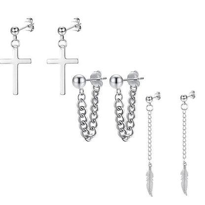 Fashion Cross Feather Skull Stainless Steel Plating Drop Earrings 1 Set