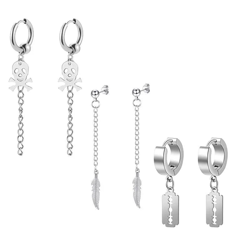 Fashion Cross Feather Skull Stainless Steel Plating Drop Earrings 1 Set