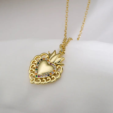 Fashion Cross Heart Shape Crown Copper Gold Plated Zircon Pendant Necklace 1 Piece